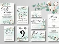 Set Of Wedding Invitation Card Templates Green Eucalyptus And Cotton Flowers Fpashop.ru