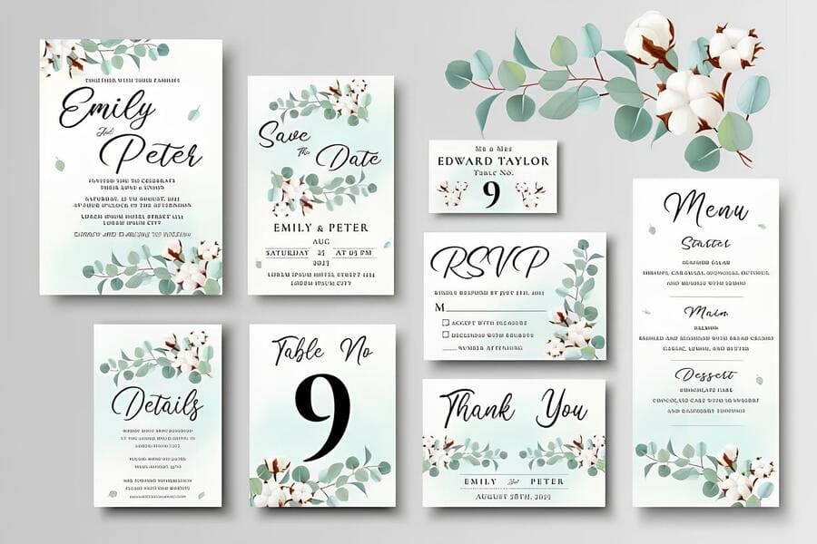 Set Of Wedding Invitation Card Templates Green Eucalyptus And Cotton Flowers Fpashop.ru