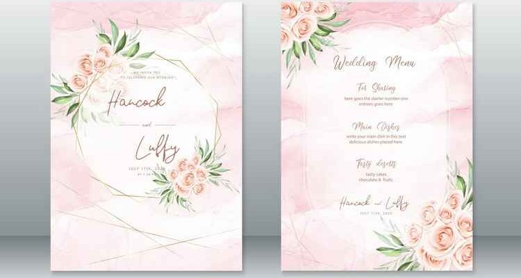 Wedding Invitation Card Watercolor Background With Rose Bouquet