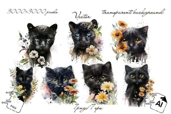 Cat And Pantera Watercolor Clipart 1