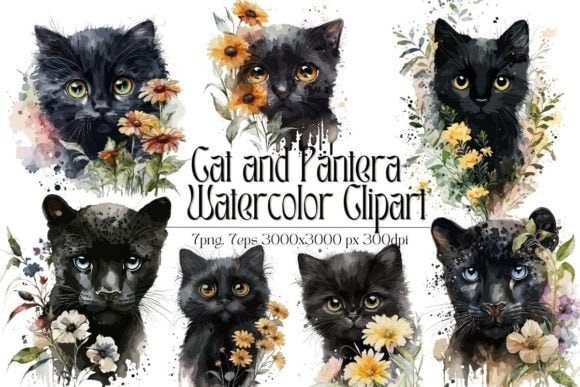 Cat And Pantera Watercolor Clipart