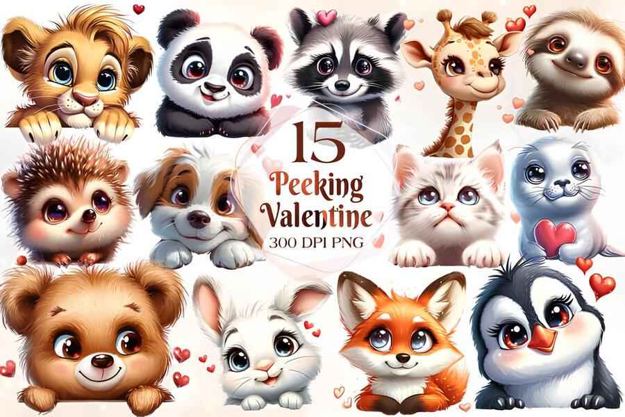 Peeking Valentine Animals Clipart Bundle Fpashop.ru