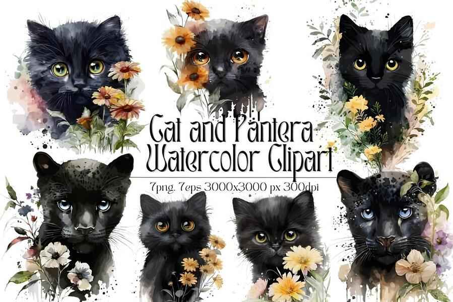 Cat And Pantera Watercolor Clipart 1