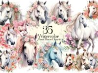 Watercolor Floral Horse Clipart 1
