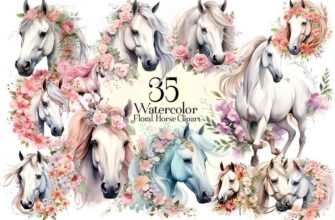 Watercolor Floral Horse Clipart 1