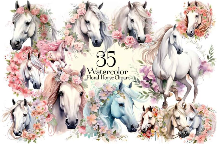 Watercolor Floral Horse Clipart 1