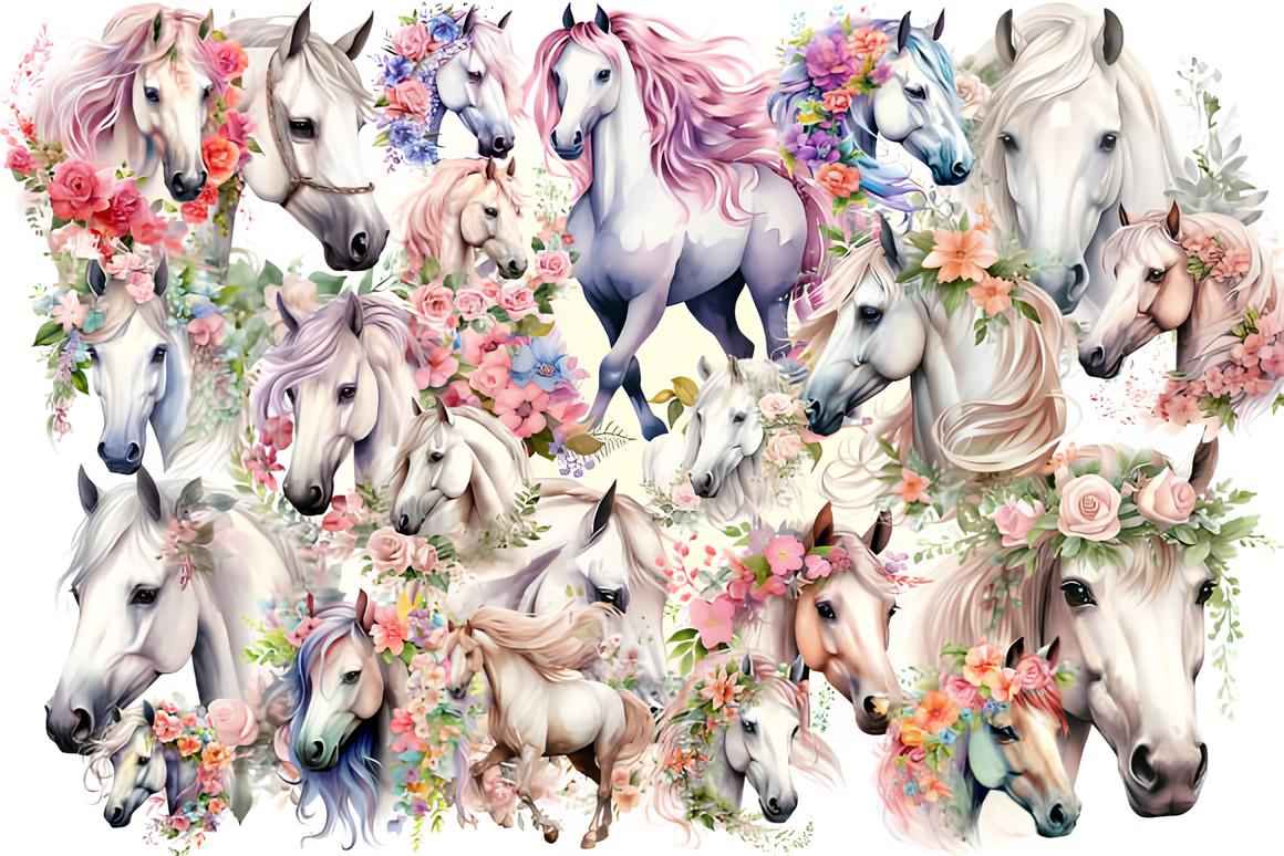 Watercolor Floral Horse Clipart 2