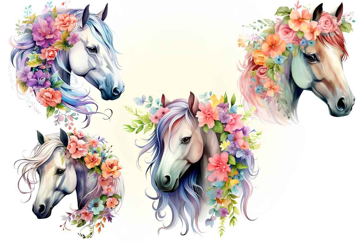 Watercolor Floral Horse Clipart 3