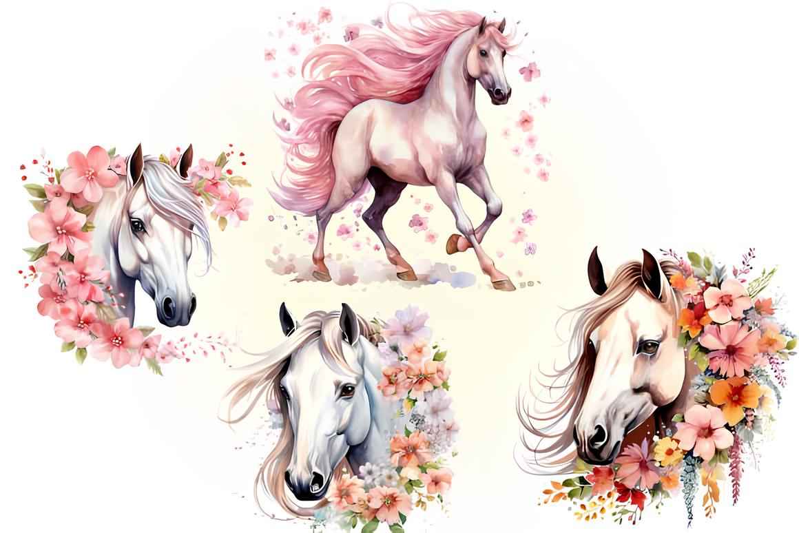 Watercolor Floral Horse Clipart 4