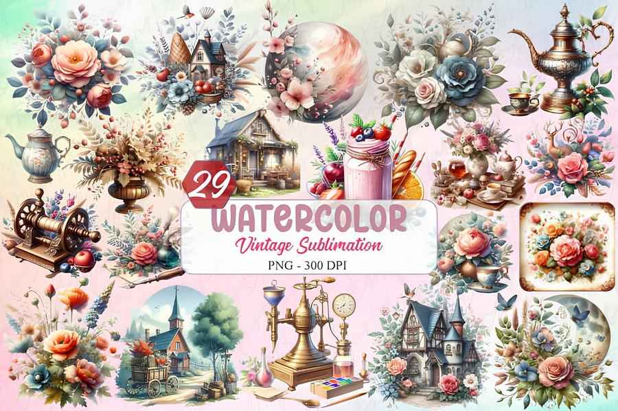 Watercolor Vintage Sublimation Clipart
