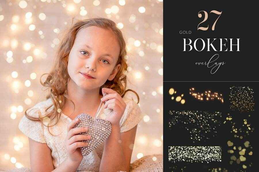 27 Gold Bokeh Overlays Christmas Graphics 1