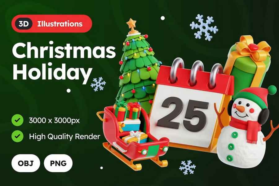 3d Christmas Holiday Illustrations Set 1