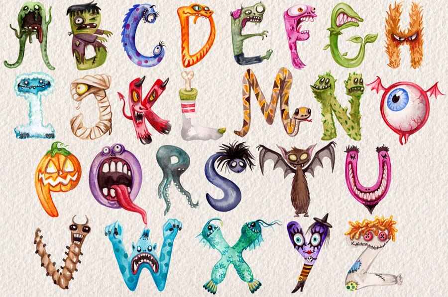 Hand Painted Watercolor Monster Alphabet 2