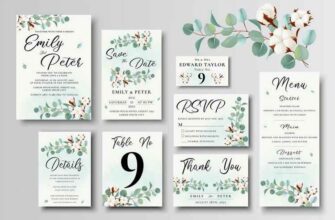 Set Of Wedding Invitation Card Templates, Green Eucalyptus And Cotton Flowers