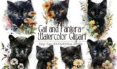 Cat And Pantera Watercolor Clipart