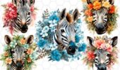 Cute Floral Watercolor Zebra Cliparts
