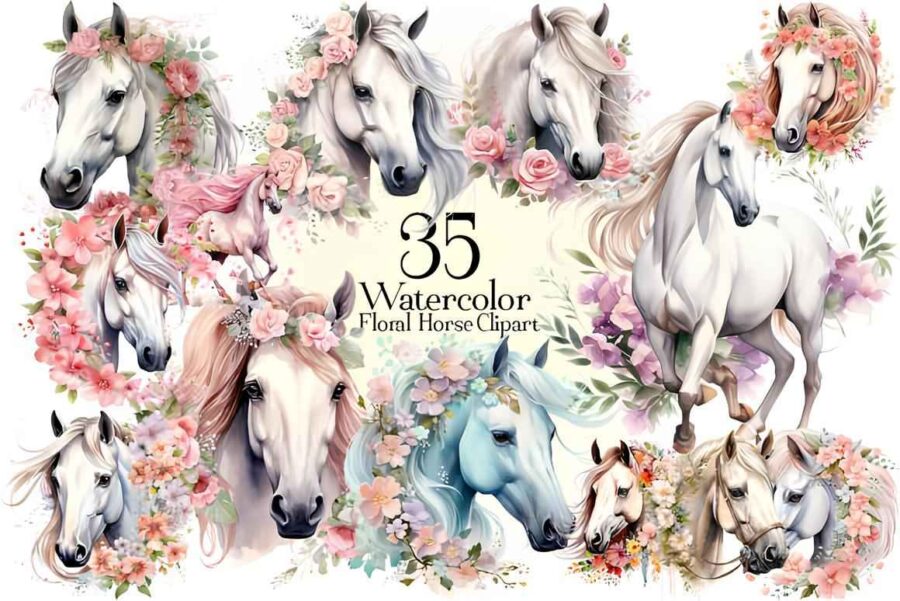 Watercolor Floral Horse Clipart 1